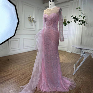 Pink Arabic Mermaid Evening Dress - Elegant With Skirt, Luxury Pearls Beaded Gown for Women's Party 2024