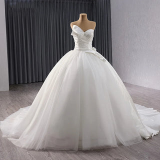 Beach Long Tail Satin Fabric Tulle Wedding Ball Gown Dress