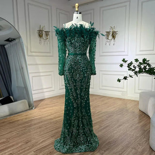 Luxury Dubai Green Boat Neck Mermaid Elegant Feathers Beaded Evening Dresses Gowns For Woman Wedding Party