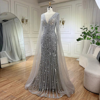 Arabic Charcoal: 2024 Gray Mermaid Evening Dress with Elegant Cape Sleeves - Luxury Beaded Gown for Women's Wedding Party