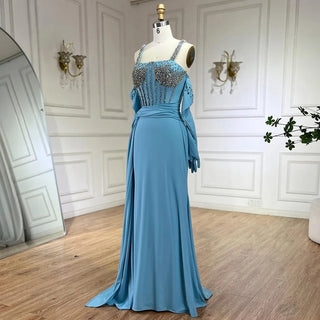 Ships in 1 to 3 Days - Dubai Luxury Evening Gown: 2024 Blue High Slit Mermaid Spaghetti Strap Gloves Perfect for Wedding Parties