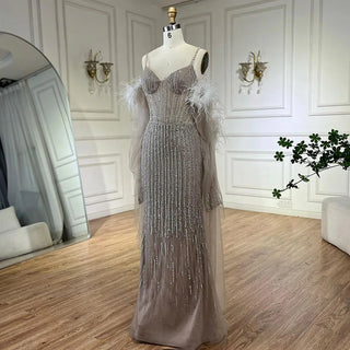 Arabic Caramel Elegant Mermaid Beaded Feathers Long Cloak Evening Dresses Gowns For Women Wedding Party