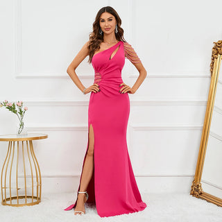 Sexy Rose Red Satin Evening Dress with Slit - Pleated Beaded Party Maxi Dress