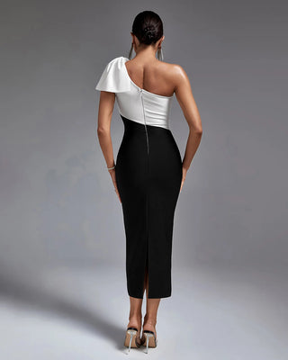 Elegant Black and White One-Bow Shoulder Bandage Dress - Sleeveless Slim Fit Midi Casual Dress