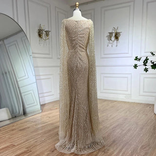 Ships in 1 to 3 Days - 2024 Arabic Nude Mermaid Elegant Cape Sleeves Beaded Luxury Evening Dress: Gowns for Women's Wedding Party