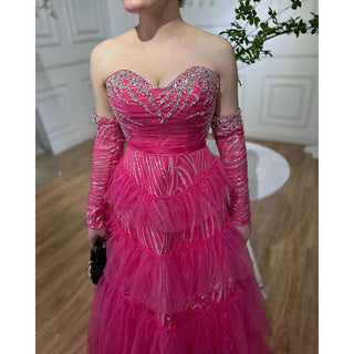 Fuchsia A-Line Elegant Sweetheart Off-Shoulder Tiered Beaded Evening Dress: 2024 Prom Gown for Women's Party