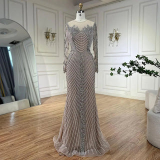 Ships in 1 to 3 Days - Arabic Luxury Crystal Pearls Silver Nude Dubai Evening Dresses for Women Wedding Formal Prom Party Gown 2024