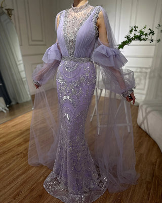 2024 Arabic Lilac Mermaid Evening Gown with Puffy Sleeves and Sparkling Beaded Detailing - Long Dress for Formal Occasions