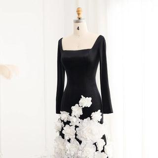 Luxury 3D Flowers Black Velvet Strapless Evening Dress with Gloves for Dubai Women’s Wedding and Party Gowns