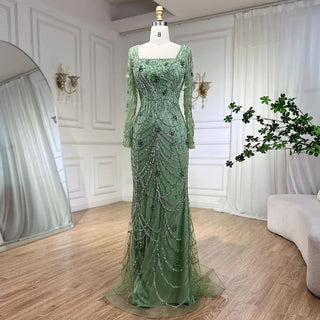 Luxury Dubai Green Mermaid Evening Dress - Elegant Crystal Beaded Arabic Gown for Women's Wedding Party (2024)