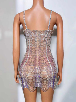 Illusion Mini Dress with Wave-Patterned Rhinestone Embellishments