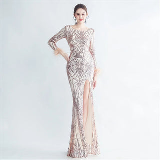 Stretch Feather Sequin Full Sleeve Evening Maxi Dress