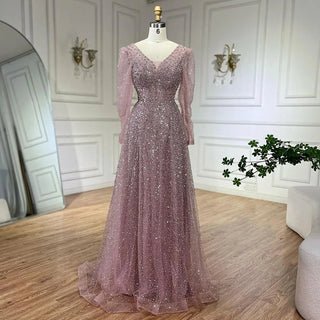 Arabic Pink A-Line Elegant Long Sleeves Evening Dress - Luxury Beaded Gown for Women's Wedding Party 2024