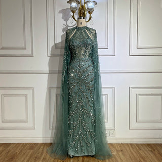 2024 Arabic Turquoise Cap Sleeve Mermaid Beaded Luxury Dubai Evening Dress Gown for Women Wedding Party