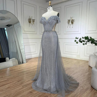 Luxurious Arabic Silver Mermaid Evening Gown with Detachable Train for Women's Party