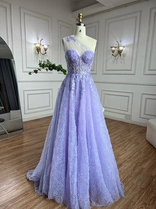 2024 Arabic Lilac One-Shoulder A-Line Lace Appliques Luxury Prom Dress for Women's Party