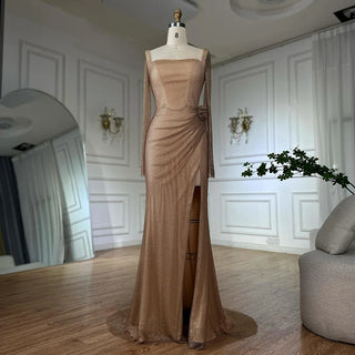 2025 Nude Elegant High-Split Beaded Mermaid Saudi Arabic Evening Gown for Formal Occasions