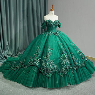 Luxury Dark Green Shiny Evening Formal Gowns Dresses With Long Tail