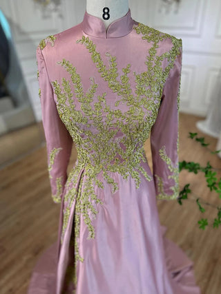 Ships in 1 to 3 Days - Pink Muslim Mermaid Satin Evening Dresses 2024 - Elegant Embroidery, Perfect for Women's Wedding Party