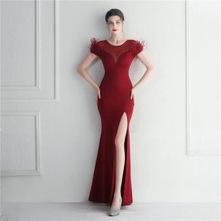 Elegant Feather Crystal Evening Dress with Sexy Slit - Floor-Length Party Maxi Celebrity Dress