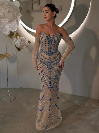 2025 Customized Blue Saudi Arabic Evening Gown - Strapless Long Sleeves Beaded Dress for Formal Occasions