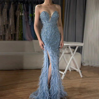 Ships in 1 to 3 Days - 2024 Arabic Strapless Blue Beaded Feathers Luxury Dubai Evening Gowns with Side Skirt for Women's Party