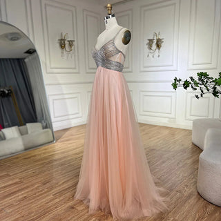 Ships in 1 to 3 Days - 2024 Arabic Peach Elegant Spaghetti Strap Beaded A-Line Prom Dress for Women | Wedding Party