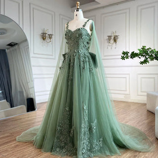 2024 Arabic Sage Green Spaghetti Strap Lace-Up Bow A-Line Appliques Prom Dress for Women Wedding Party