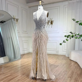 Luxury Beaded Feather Beige High Split Mermaid Evening Gown - Backless - Women's Party 2024