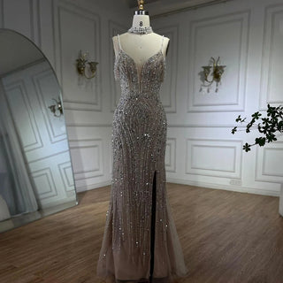 Dubai Silver Nude Spaghetti Strap Evening Dress - Luxurious Beaded Prom Gown for Women's Party 2024