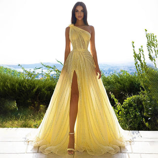 Ready to Ship - Golden Elegance: Dubai-Inspired One-Shoulder Evening Gown with Graceful Cape & Side Slit