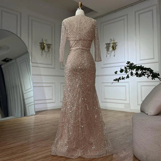 Customized Nude Spaghetti Strap Beaded Mermaid Gown with Detachable Long Sleeve Jacket for Formal Occasions