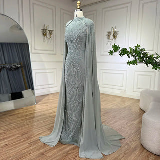 Ships in 1 to 3 Days - Muslim Sage Green Mermaid Cape Sleeves Beaded Satin Luxury Evening Dresses Gowns for Women | Party 2024