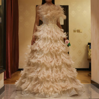 Luxury Feathers Princess Crystal Organza Ball Gown Cream Evening Dress for Women Wedding Engagement Party