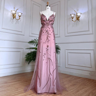 Arabic Pink Mermaid Spaghetti Straps Beaded Long Evening Dress - Women's Wedding Party Gown 2024