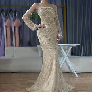 Ships in 2 to 5 Days - White Nude Arabic Beaded Evening Gown with Elegant Gloves for Formal Occasion