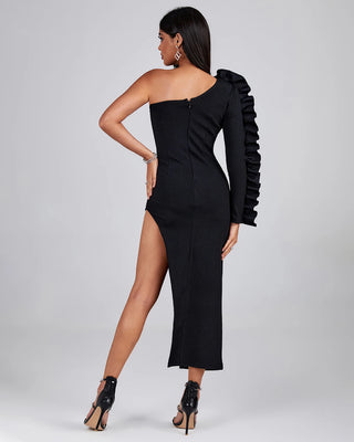 Elegant Ladies Black Bandage Party Dress - One Shoulder Ruffles Long Sleeve Sexy High Slit Knitted Prom Dress