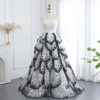 Luxury Black and White Ball Gown - Dubai Evening Dress with Elegant Ruffles for Weddings and Engagement Parties