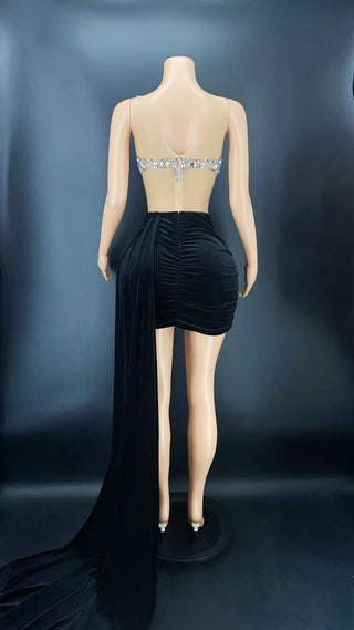 Ships in 1 to 3 Days - Elegant Black Velvet Dress with Crystal Embellished Bodice and Train