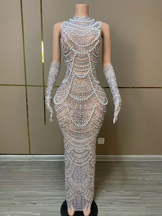 Exquisite Pearl-Embellished Sheer Bodycon Gown with Matching Gloves