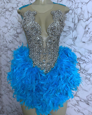 Ships in 1 to 3 Days - Extravagant Plunge Neck Feathered Mini Dress with Crystal Embellishments