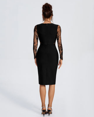 Ships in 1 to 3 Days - Sophisticated Lace Panel Midi Dress with Sheer Sleeves and Crystal Brooch