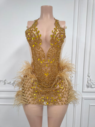 Ships in 1 to 3 Days - Glamorous Feathered Mini Dress with Jewel Embellishments