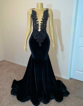 Black Velvet Beaded Plunging Neckline Mermaid Gown with Dramatic Train