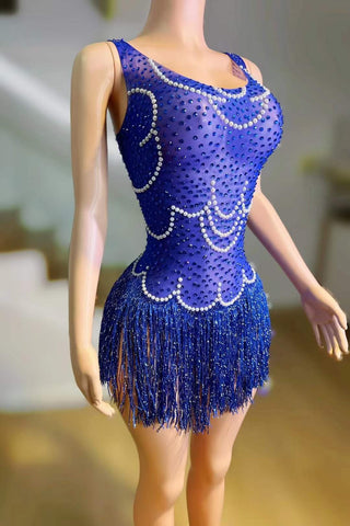 Glamorous Royal Blue Sequin and Pearl Embellished Fringe Mini Dress