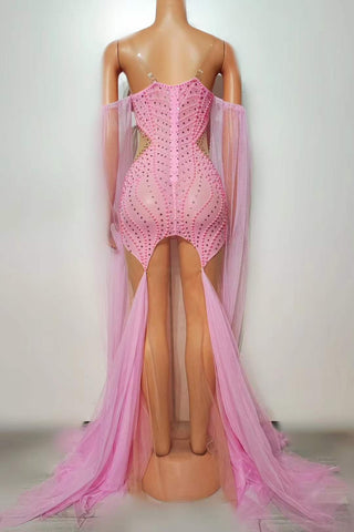 Ethereal Pink Cut-Out Evening Gown with Flowing Tulle Trains