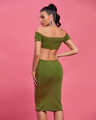 Ships in 1 to 3 Days - Off-Shoulder Cutout Midi Dress with Knot Detail