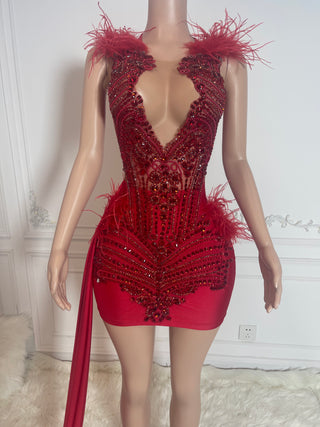 Luxurious Feathered Beaded Mini Dress with Dramatic Train