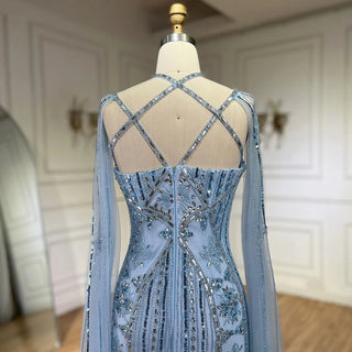 Ships in 1 to 3 Days - Arabic Luxury Dubai Mermaid Blue Evening Gown with Cape Sleeves and Beading for Women's Party 2024