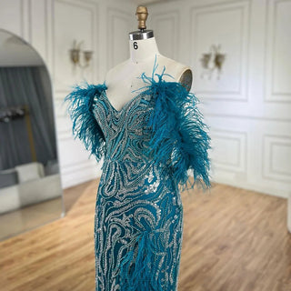 Turquoise Spaghetti Strap High-Split Mermaid Beaded Feathers Evening Gown for Women Wedding Party 2024